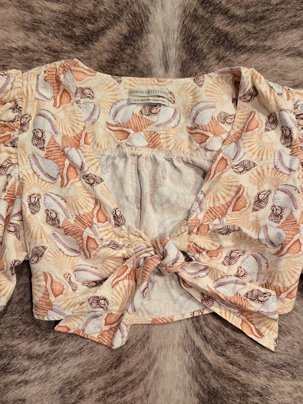 Urban Outfitters Peach & Cream Shell-Print Tie Front Crop Top